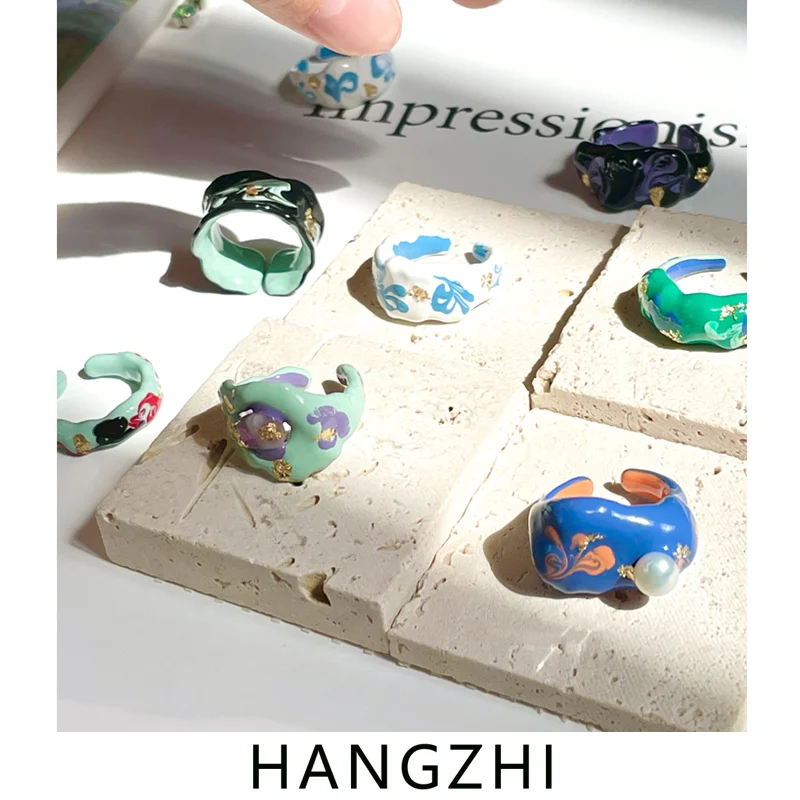 HANGZHI 2021 جديد عصري كلاسيكي اللون اليدوية بالتنقيط الصقيل لا تتلاشى افتتاح خواتم للنساء بنات حفلة مجوهرات الأزياء كول هدايا