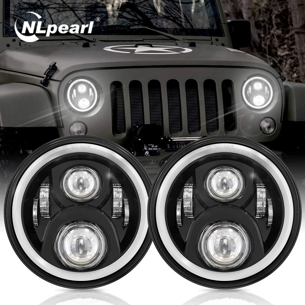 

NLpearl 2x 7 Inch LED Headlight H4 Hi-Lo With Halo Angel Eyes For Lada 4x4 Offroad Niva Jeep JK UAZ Hunter Hummer Beetle Classic