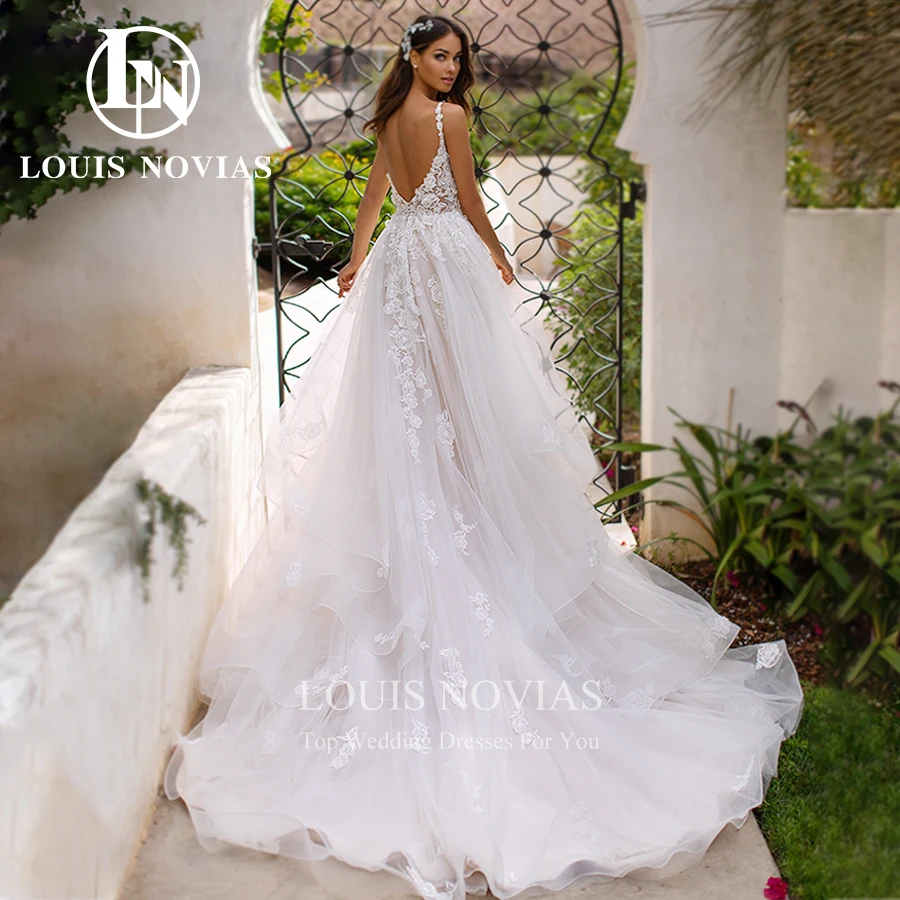 LOUIS NOVIAS Beach Wedding Dresses For Women Backless Bridal Beaded Appliques Spaghetti Straps V-Neck A-Line Vestidos De Novia