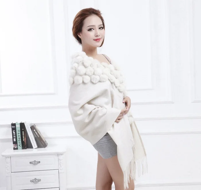 20 Colors Triangle Real Rabbit Fur Ball Shawl Wraps Winter Women Cashmere Tassel Cape Pompon Cloak Lady Mum Gift Casaco Feminino