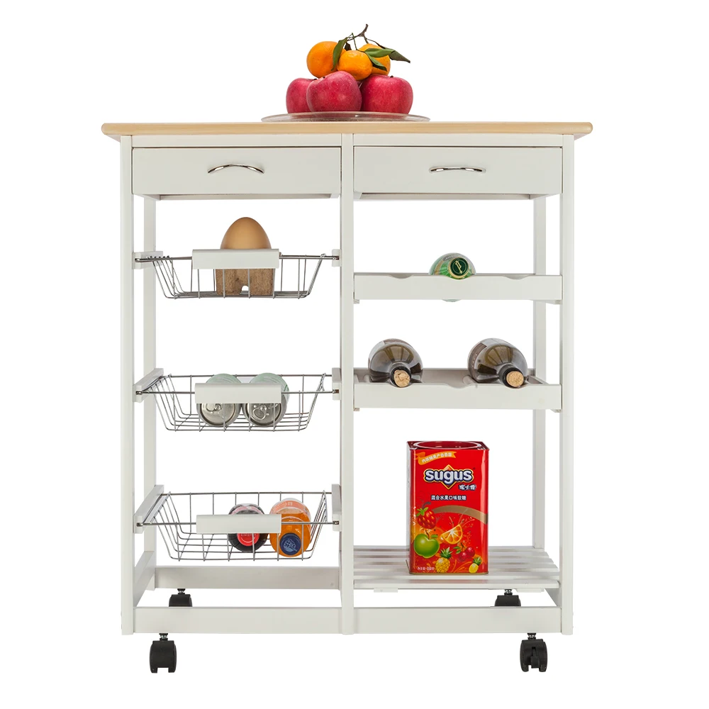 FCH Movable Kitchen Cart Dining Cart  with Two Drawers & Two Wine Racks & Three Baskets White 67 x 37.5 x 76cm