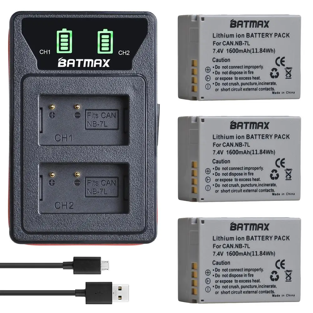 1600mAh  NB-7L NB 7L Battery + Built-in USB LED Dual Charger with Type C Port for Canon PowerShot G10 G11 G12 SX30 SX30IS