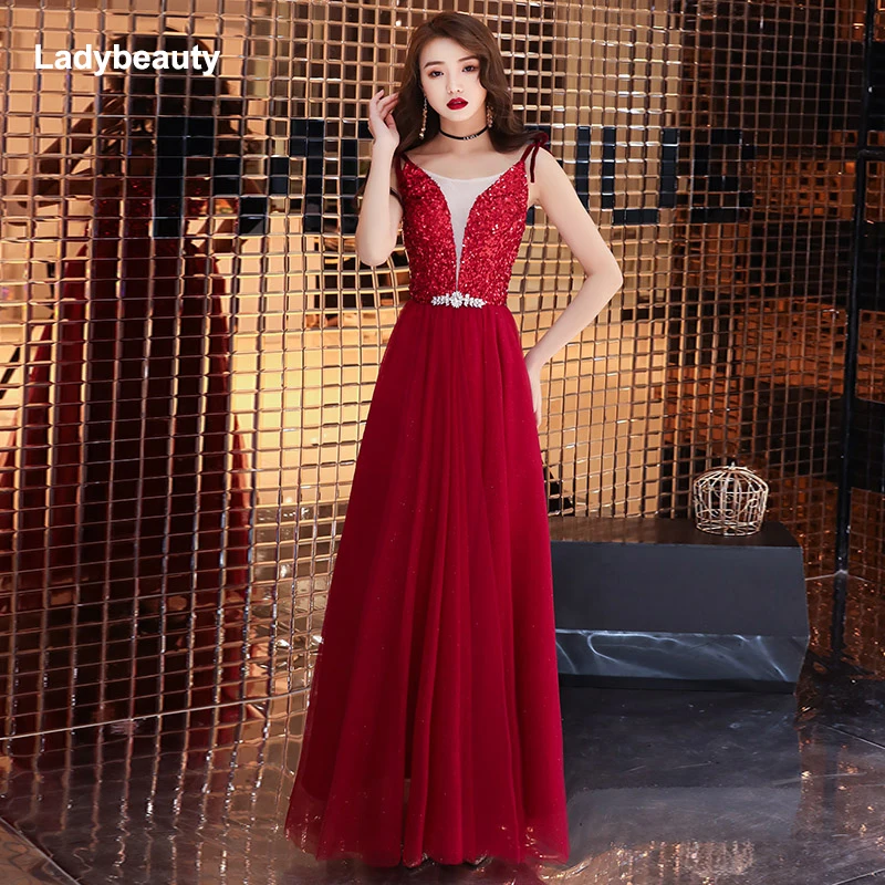 

Sexy Wine red Evening Dress 2019 Elegant Sequin Evening Gown Long Formal Back Lacing Prom Party Dress vestido longo festa