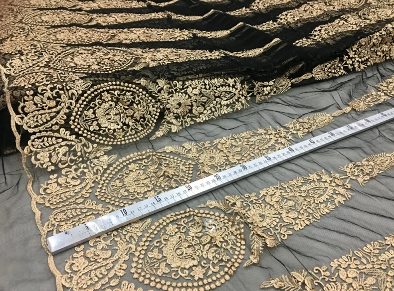 New product mesh lace gold embroidered fabric, high-end customized apparel fabric, encrypted embroidery skirt  fabric