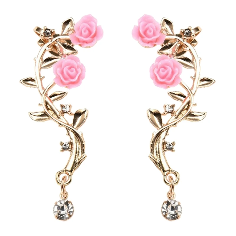 Vintage Rose Flower Cuff Earrings Trendy Rose Flower Climber Crawler Earrings Sparkly Metal Leaf Ear Cuff for Women Girl