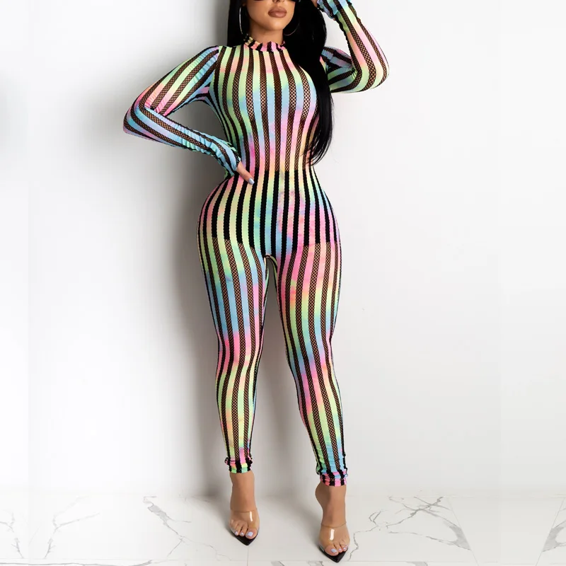 BKLD Womans Jumpsuits And Rompers 2020 Autumn New Sexy Bodycon Clubwear Striped Mesh Transparent Long Sleeve Women Jumpsuits