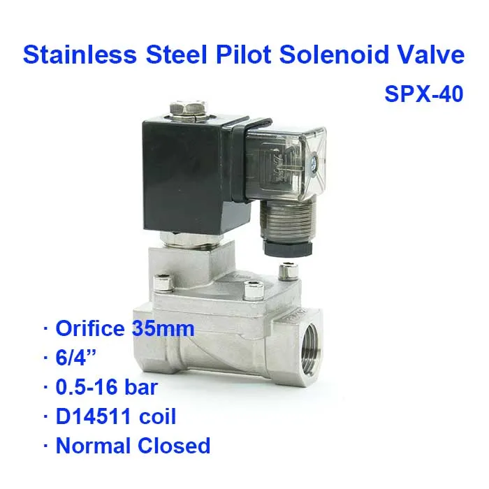 

2 Way Low Pressure Pneumatic Stainless steel Pilot Solenoid Valve SPX-40 BSP Port G5/4" 0.5-7bar Orifice 35mm D14511 coil