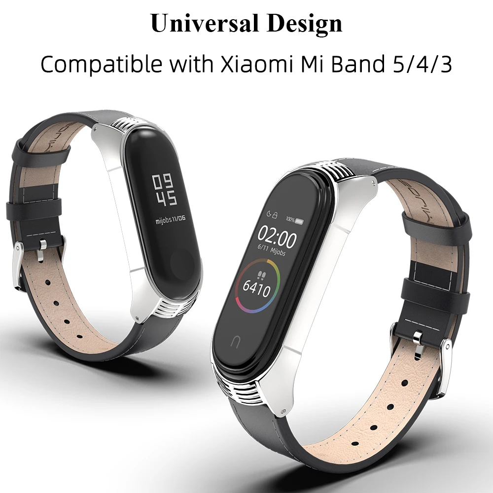 Браслет для Mi Band 6, 5, 4, 3, из натуральной кожи, металлический ремешок для Xiaomi Pulseira Opaska Miband 4, браслет NFC