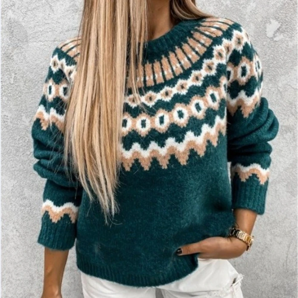 TAOVK Women Sweaters O-neck thick striped Pullovers Female long sleeve Knitting Tops contrast color Sky blue white Sweater