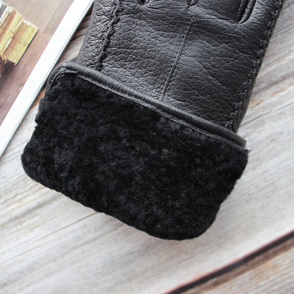 Novas luvas de pele de veado preto feminino forro de lã grossa inverno quente luvas de couro genuíno dois estilos