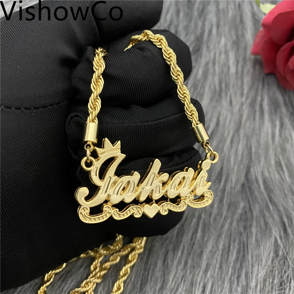 VishowCo Zircon Custom Name Necklace Double Gold plated Nameplate 3D Necklace Personalized Name Necklaces Gold Choker Women Gift