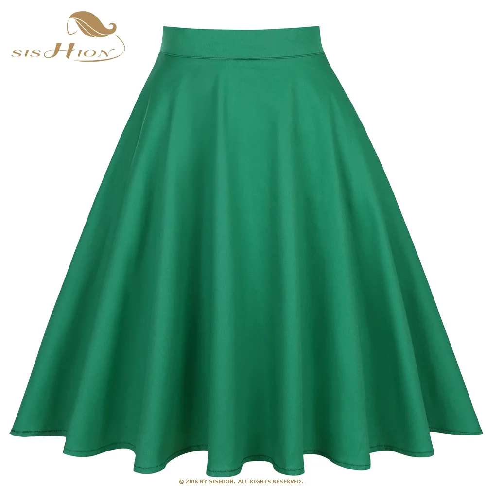 SISHION Dropshipping Green Summer Skirt VD0020 Swing skater skirts 50s 60s Retro Vintage High Waist Cotton Women Skirt