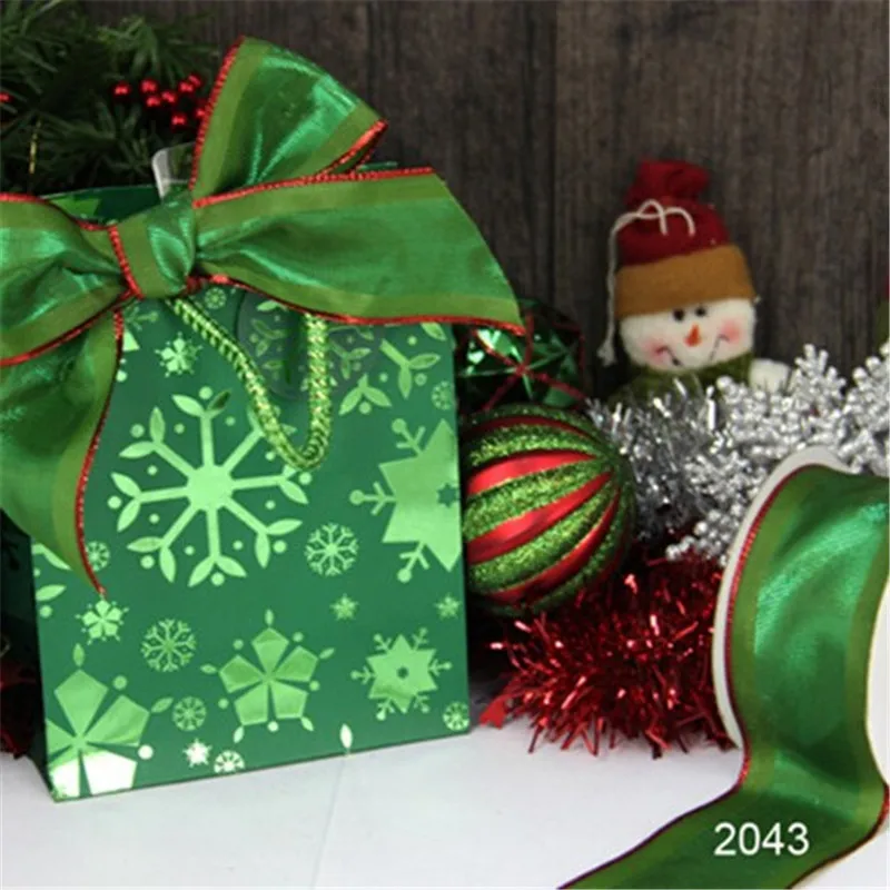 

N2043 38MM Red edge green gift wrapping wired edge ribbon 25yards roll