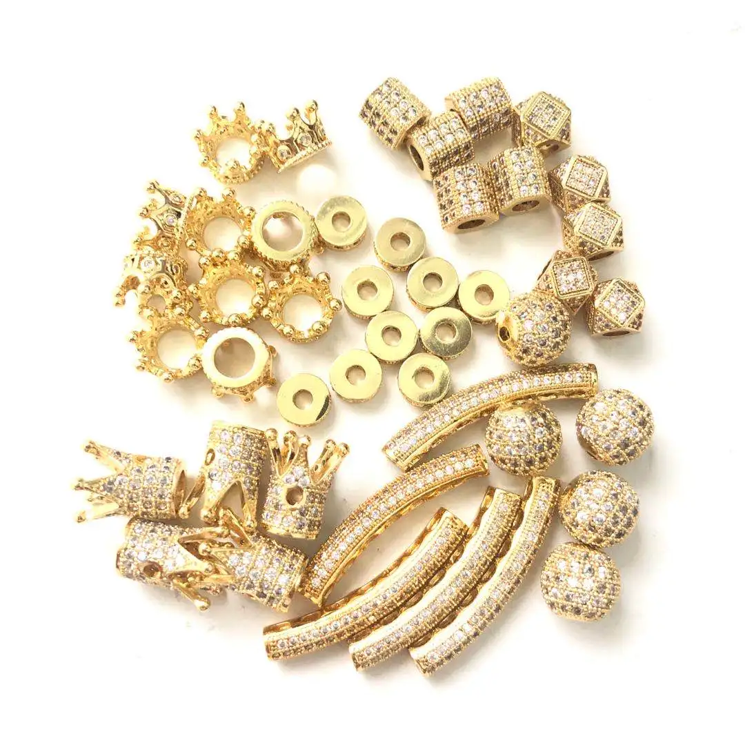 45pcs Mix Crown Tube Ball Wheel Spacers Beads Cubic Zirconia Paved Gold-Plated Accessory for Girl Bracelet Jewelry Making Supply