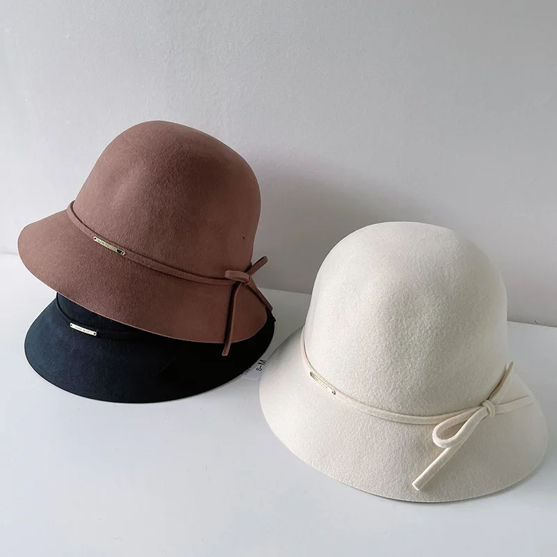 

Korean Fashion Simple Wool Fisherman Bucket Hat For Women Bow Wide Brim Fedora Hat Autumn Winter Ladies Casual Bowler Church Hat