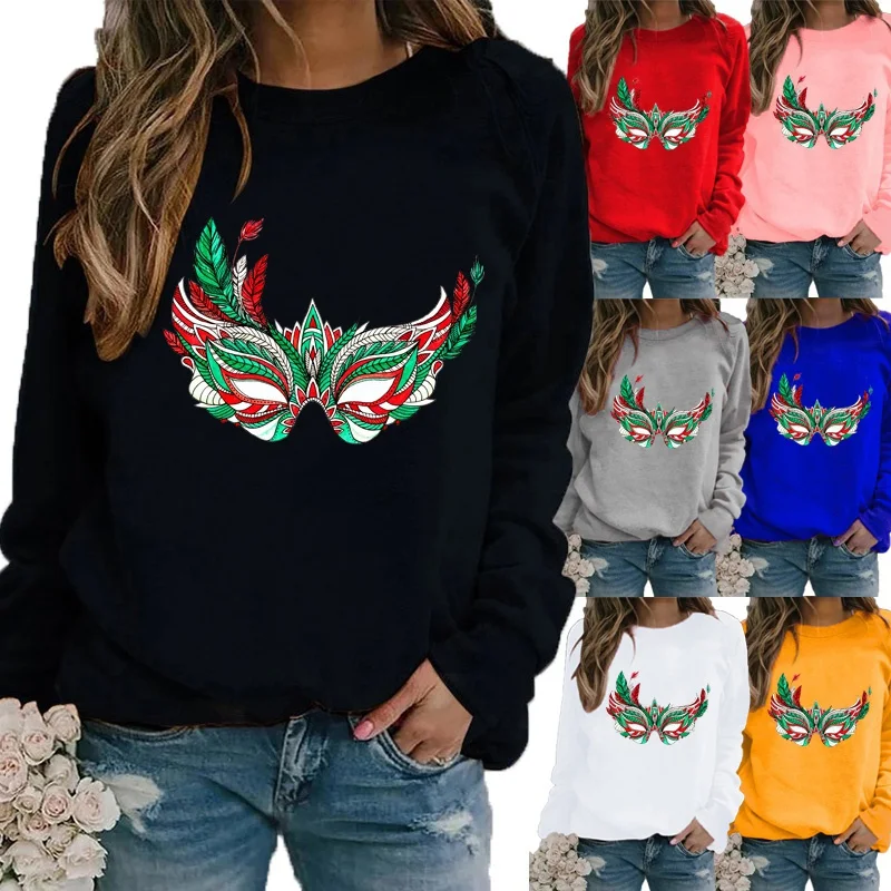 

Women Winter Clothing Round Neck Long Sleeve Pullover Top Fashion Mask Printing Graphic Loose Shirt Casual T-shirt Plus Size