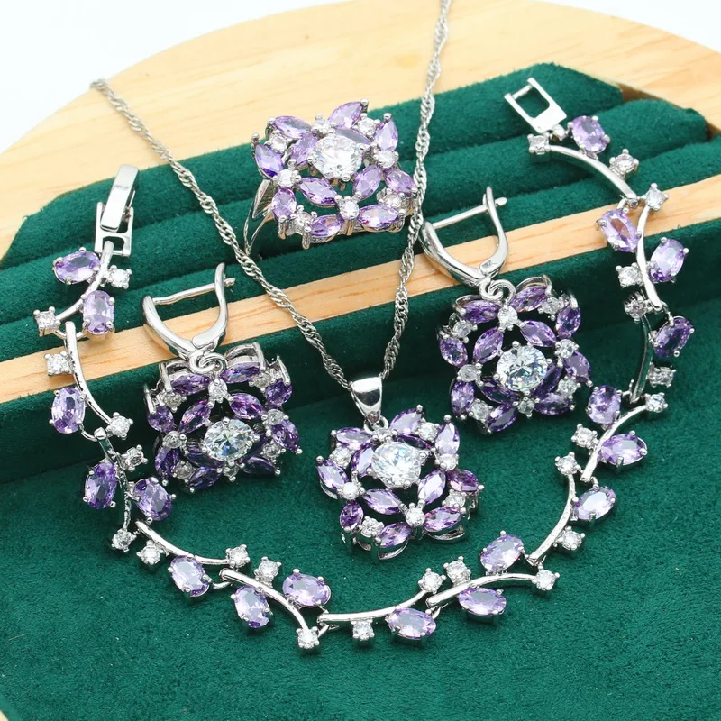 New 925 Sterling Silver Jewelry Sets For Women Wedding Purple Zircon Bracelet Earrings Necklace Pendant Ring Free Gift Box 4PCS