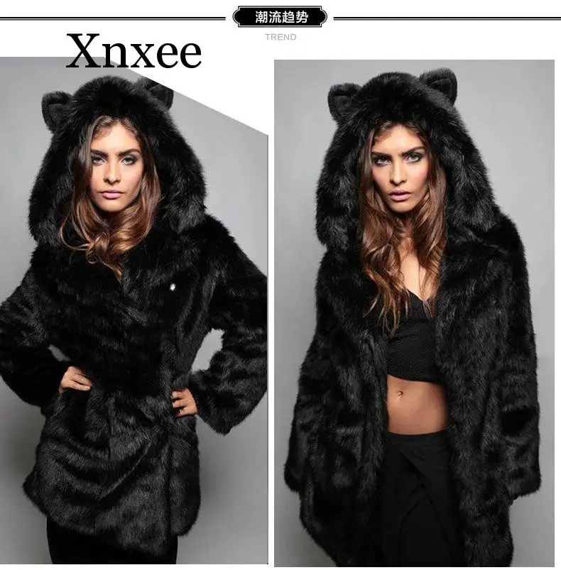 Black Faux Fur  Rabbit Collar Ladies Hooded Ears Cartoon Plush Coat Women\'s Winter Cute Kawaii Coat Long Teddy Bear Jacket Fur