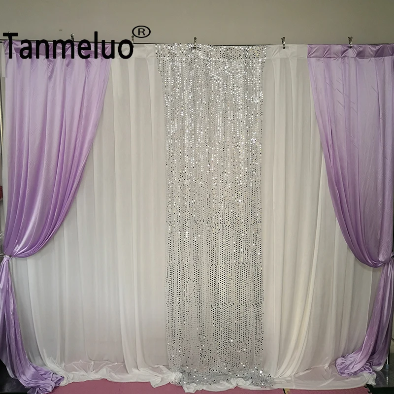 3x3M/10x10FT White and Light Purple Ice Silk Wedding Backdrop Curtain Silver Sequin Stage Background for Event Party Decoration