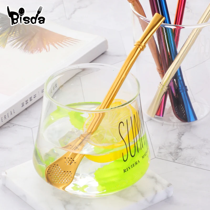 2Pcs Filter Straw Spoon Eco-Friendly Stainless Steel Drinking Straws Tea Strainer Cocktail Shaker Coffee Bar Filtered Spoons