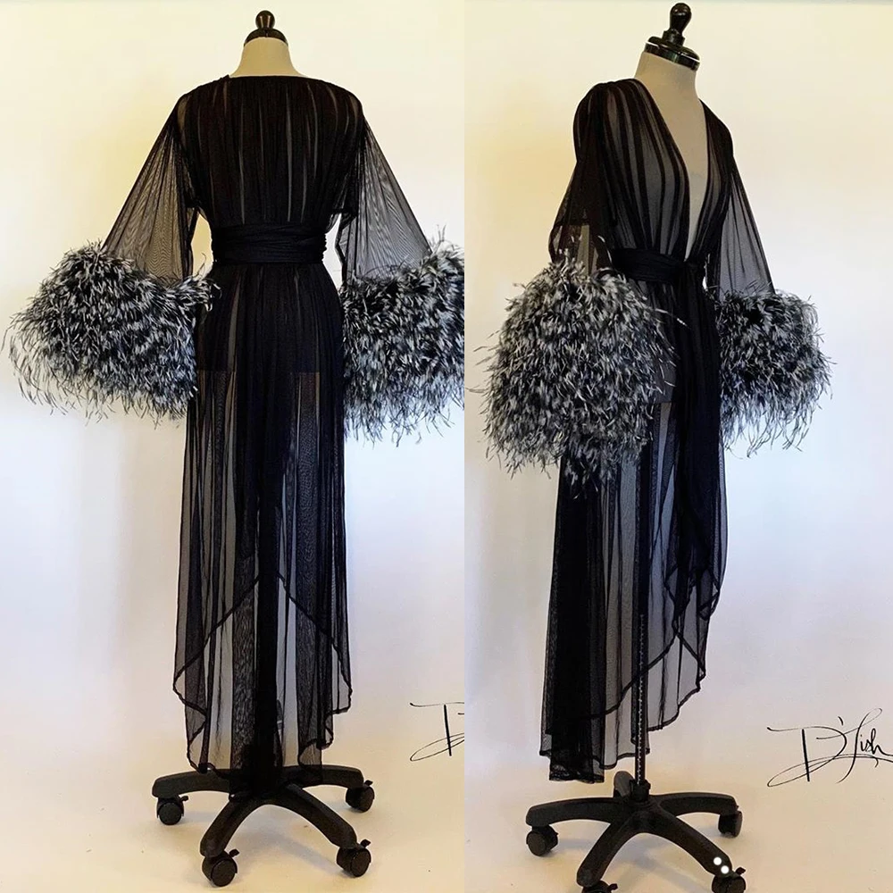 Black Feather Fur Women Winter Kimono Pregnant Party Sleepwear Maternity Bathrobe Chiffon Nightgown Photography Gown Robe