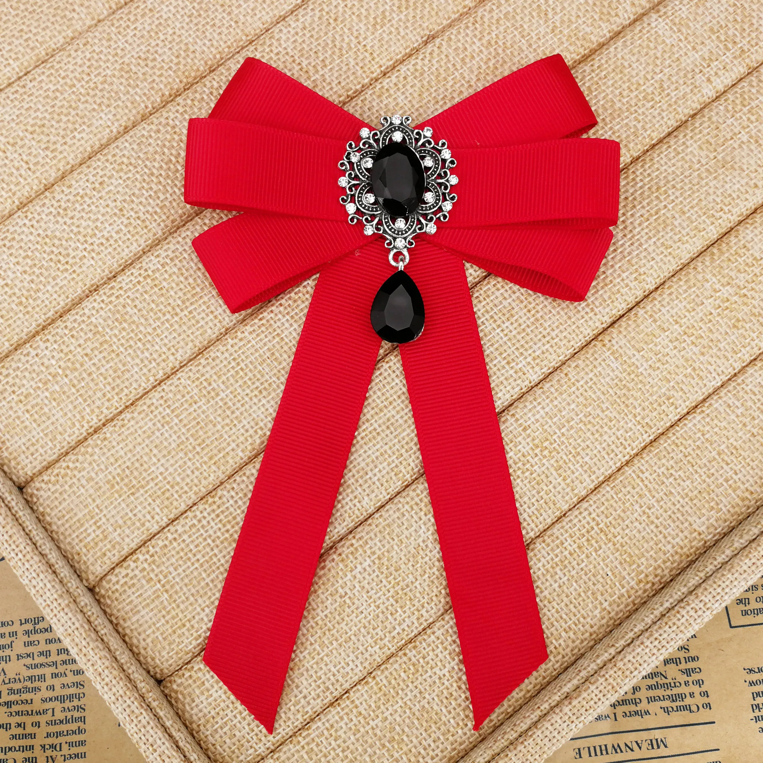 Fashion Black Red Ribbon Bow Brooch Rhinestone Crystal Fabric Cloth Art Luxury Wedding Dress Pins And Brooches Gift For Women