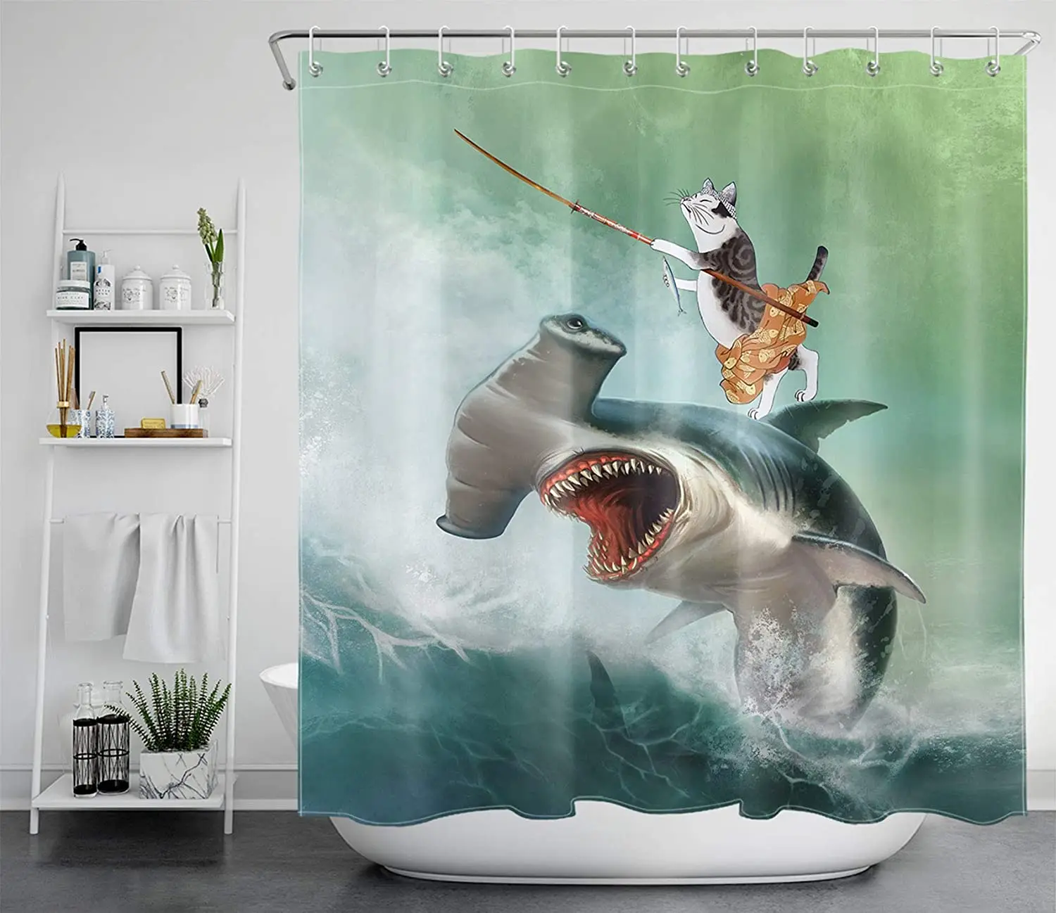 Funny By Ho Me Lili Shower Curtain Set Hippie Cat Riding Weird Shark Fishing On Ocean Wave For Bathroom Decoration With Hooks