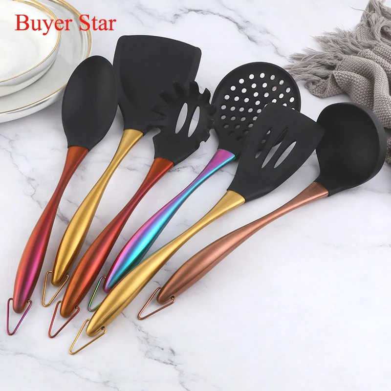 1pc/6pc/7pc Silicone Kitchenware Cooking Utensils Set Non-stick Cookware Spatula Shovel Stainless Steel Handle Kitchen Tools