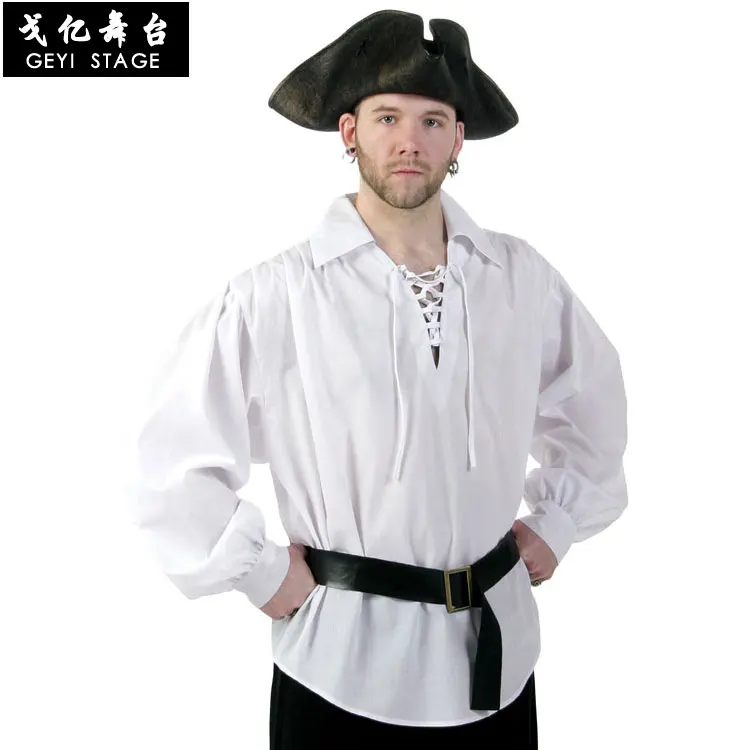 Men Medieval Costume Cosplay Solid Color Renaissance Pirate Tops Lacing Up Stand Collar Bandage Halloween Party Shirt For Men