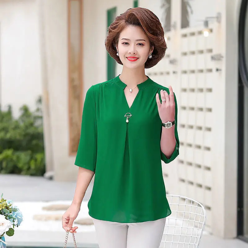 Oversized 5xl 3/4 Sleeve Mom Chiffon Causal Blusas Summer Loose Plus Size Tops Korean Fashion Chic Shirt Elegant Thin Camisas