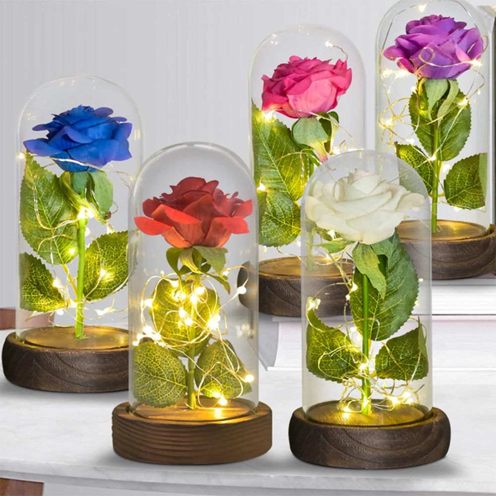 Valentine Beauty and The Beast Artificial Flowers Eternal Rose In Glass Dome with Led Light Romantic Mother\' Day Gifts for Women