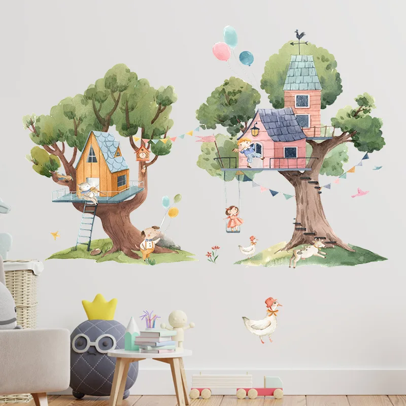 

Painted Cartoon Animals Children Trees House Wallpaper Living Room Bedroom Porch Home Decoration Wall Stickers Self-Adhesive