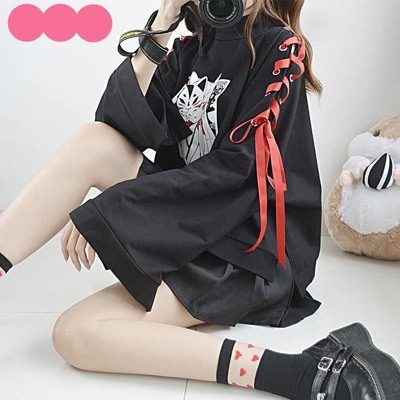 Estate abbigliamento donna Anime Fox stampato croce nastro Lolita t-shirt da ragazza Harajuku primavera gonna nera