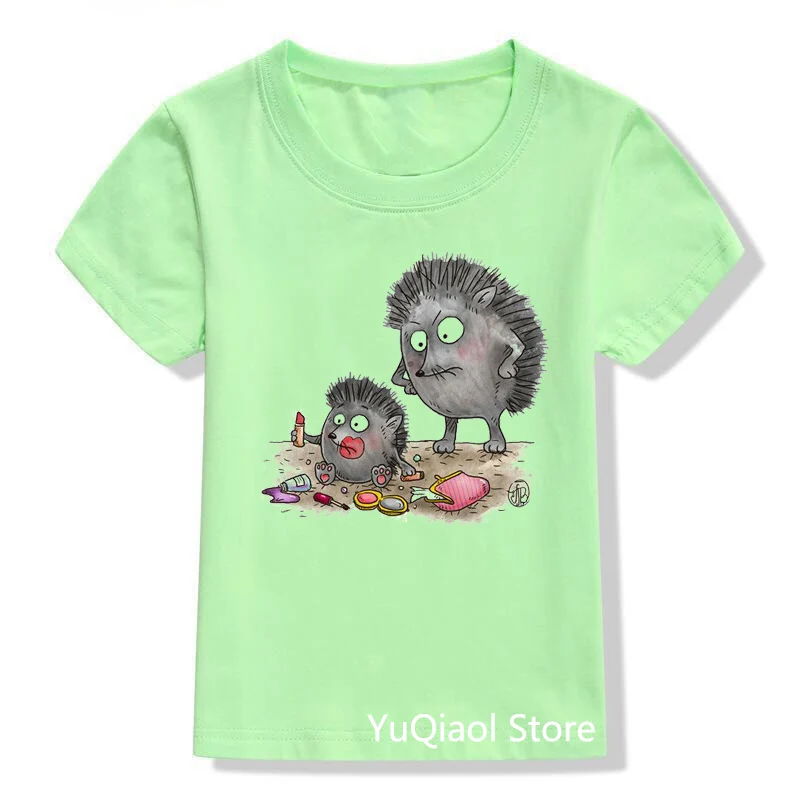 

Funny Makeup Hedgehog Print T-Shirt Cute Kids Tshirt Summer 2021 Green Children's Camisetas Baby Boys Girls Clothes Lovely Tops