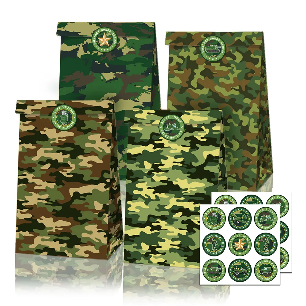 8pcs Camouflage Gift Bag With Sticker Army Green Striped Candy Box For Kids Boy Military Camo Birthday Party Favors Supplies