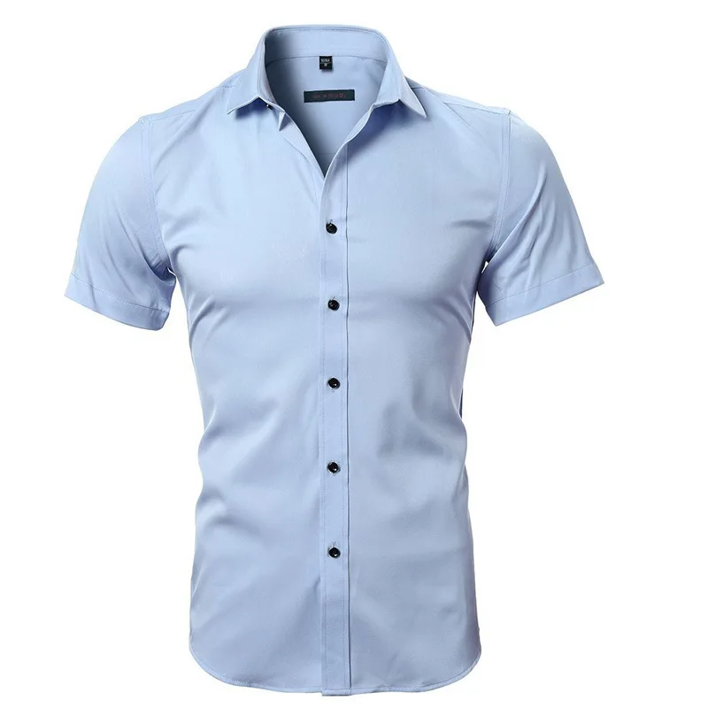 Gray Elastic Bamboo Fiber Shirt Men Brand Summer Short Sleeve Mens Dress Shirts Non Iron Easy Care Business Work Chemise Homme