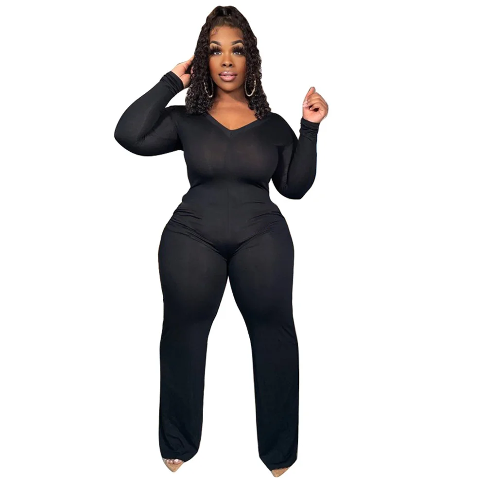 Familie Casual Plus Size Vrouwen Jumpsuit Sexy V Kraag Lange Mouwen Terug Rits Pocket Hoge Taille Effen Kleur Kleding Groothandel