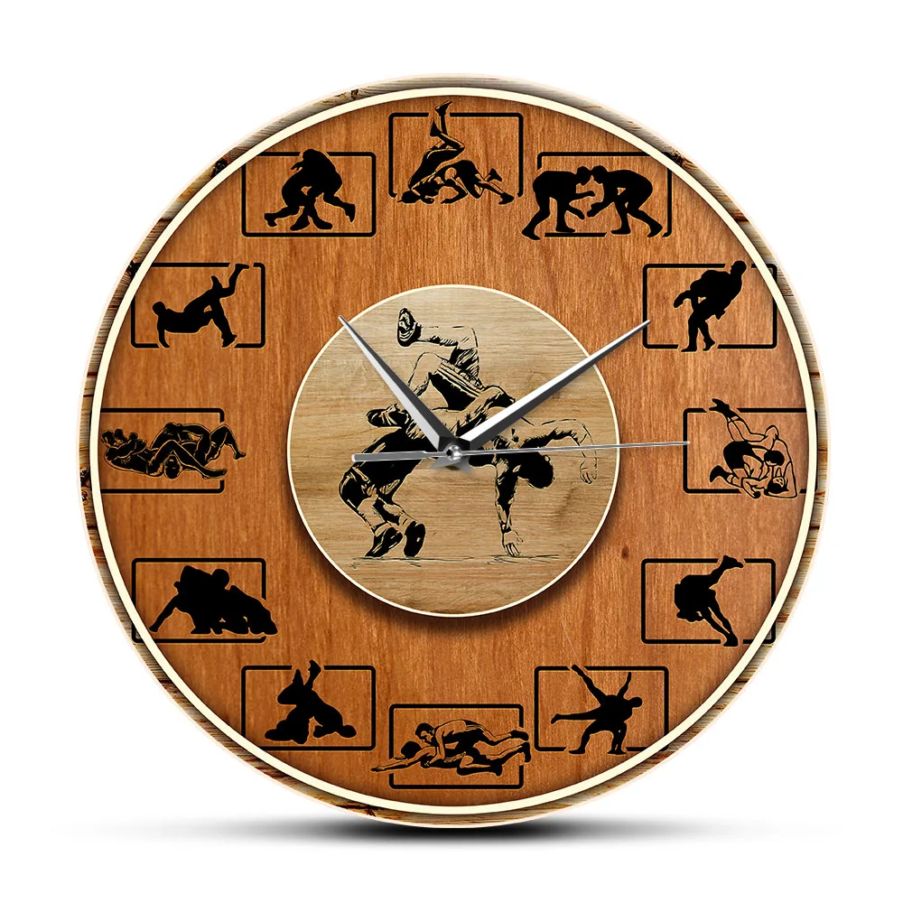 Combat Sport Wrestling Fighter Wood Texture Printed Wall Clock Wrestlers Living Room Home Decor Wall Art Silent Clock Wall Watch