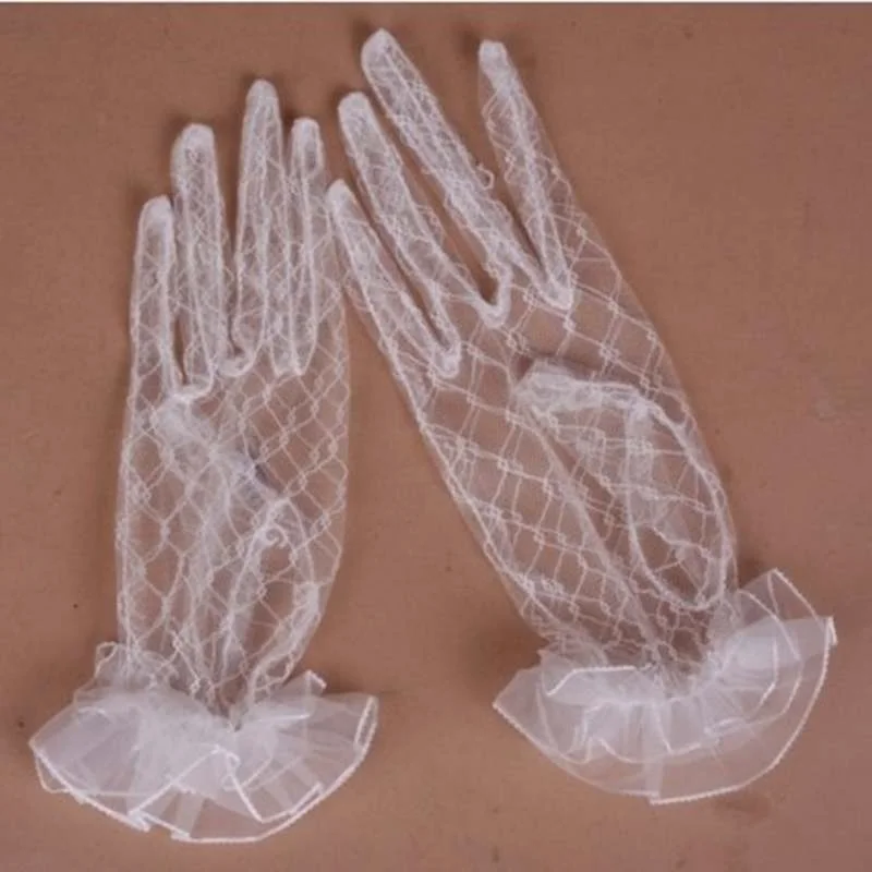 Bride Wedding Gloves White Short Design Lace Gauze Transparent Women 2025 UV-Proof Summer Fishnet Mitten