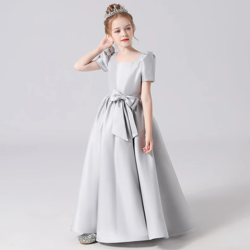 Muslimborgogna Soft Satin Girls Christmas Dress Simple maniche corte lunghezza del pavimento Junior Concert Pary Gown Birthday