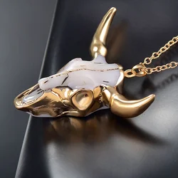 Vintage Bull Skull Women Men's Necklace Pendant Gold Plated Enamel Buffalo Cattle American Western Animal Necklace Jewelry