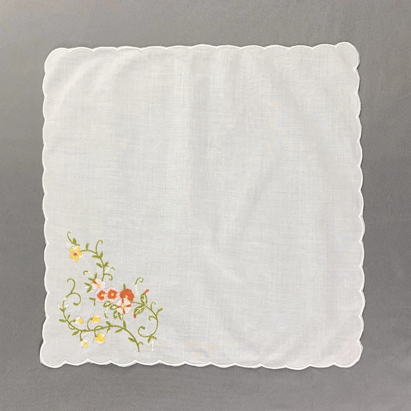 ladies handkerchief White Cotton Hankies with Scallop Edges & Color embroidery Floral Hanky 12x12-inch