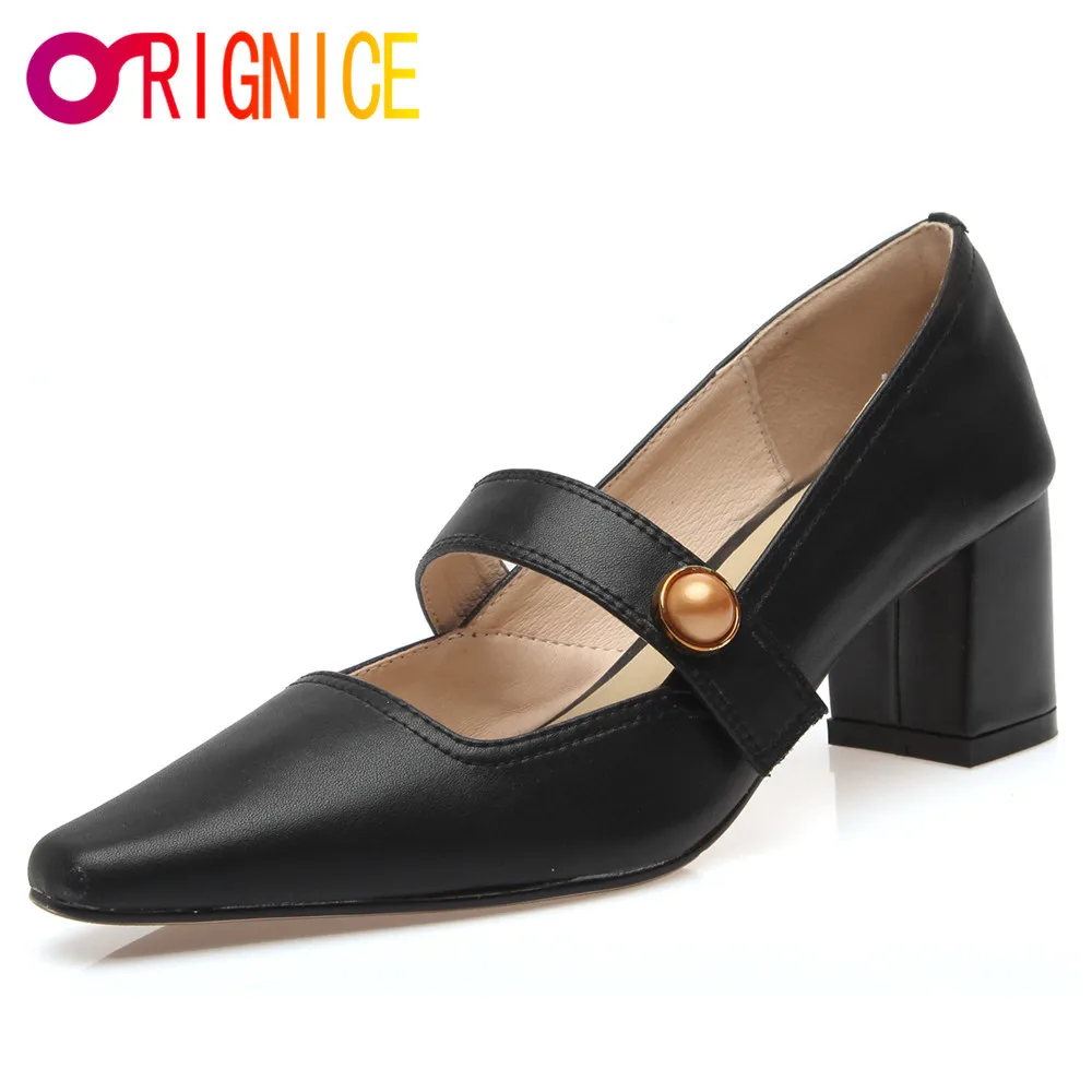 

Orignice New Women Pumps Metal Pearl Inlaid Comfortable Chunky Heels Genuine Leather Sexy Ponited Toe Wedding Party Dress Shoes