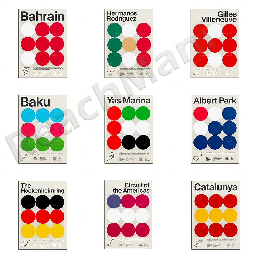 

Printing, Albert Park, Bahrain, Baku, Catalonia, America, Yas Marina Circuit, motorsport posters