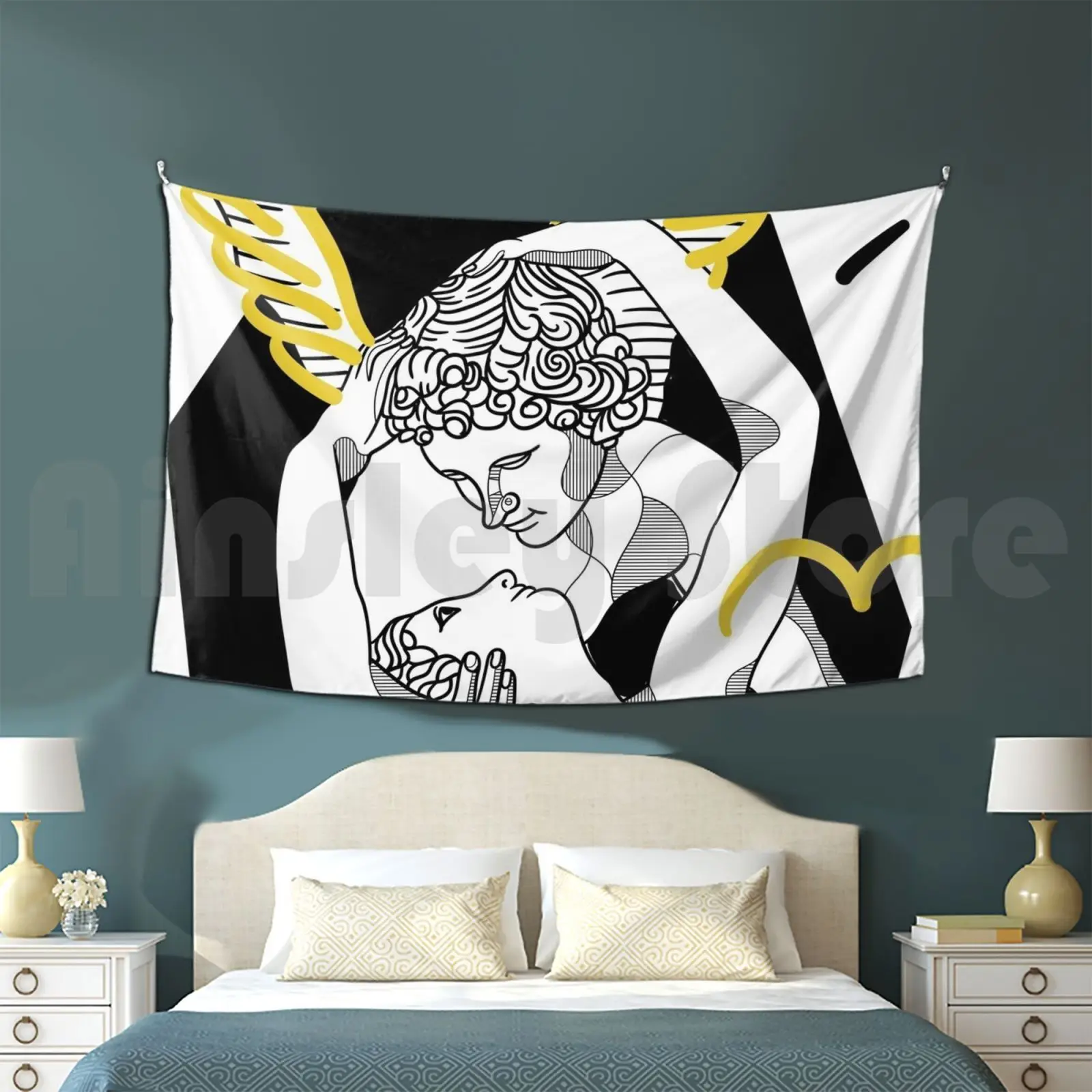 Copy Of Cupid Kiss Tapestry Living Room Bedroom Yellow Portrait Head Graphic Vector Shape Memphis Abstract Trendy