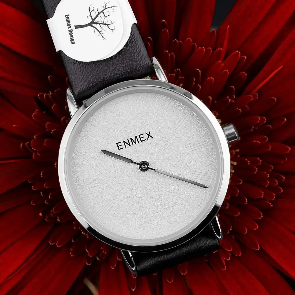 2023 Ladies gift thin case watch Enmex simple design leather  brief face silver plating quartz fashion men wristwatch