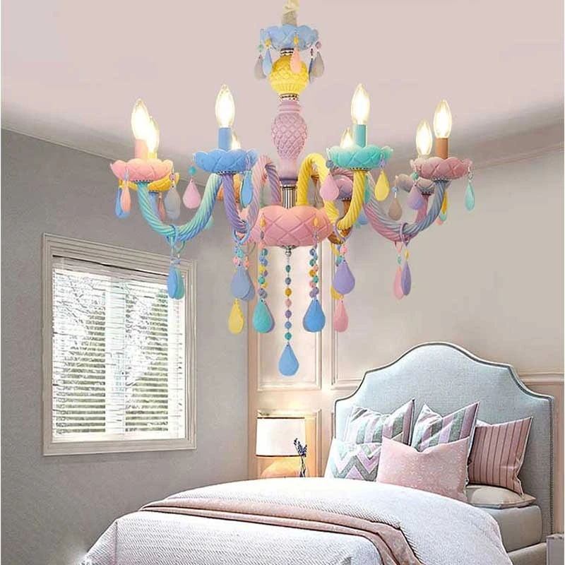 

Children's room chandelier European style modern bedroom dining room lamp crystal glass net red macaron color princess creative