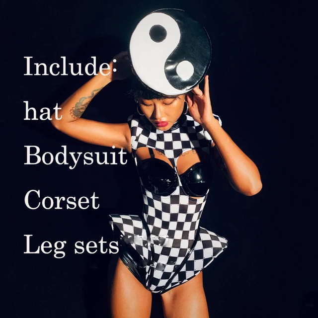 Black white gogo costume singer stage show wear Costume Lattice Sexy Bodysuit Women Gogo Pole Dance wear