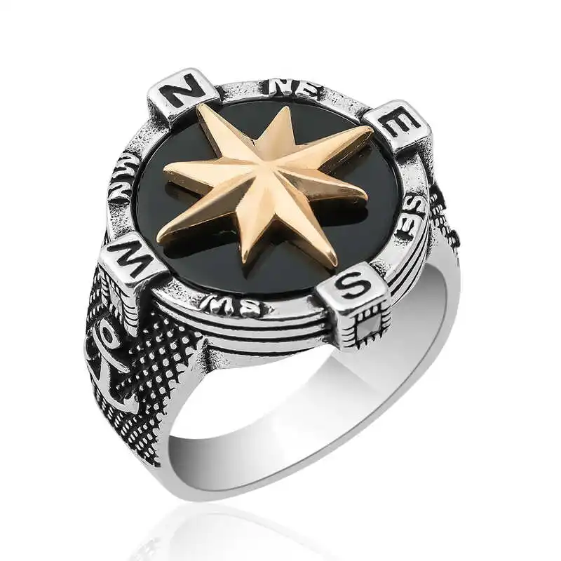 Silver Anchor Detailed Compass Men's Ring - 925 Sterling Men's Jewelry Wedding Birthday Gift - Box - Man - Fashion - Botiva - Size - Turkish - Patterned Embroidery