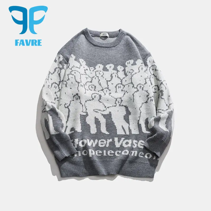 

FAVRE Autumn Vintage Casual Sweaters Pullovers Men O-Neck Crowd Jacquard Knitted Sweater Harajuku Japanese Style Loose Street